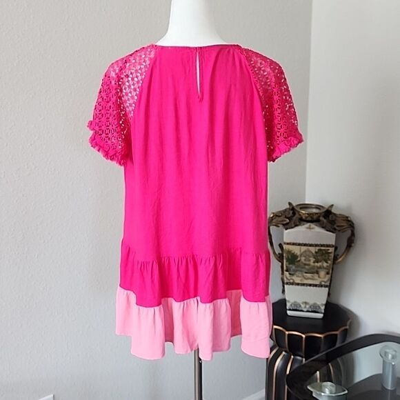 UMGEE Pink Tiered Babydoll Tunic Top with Crochet Sleeves - Picture 9 of 15